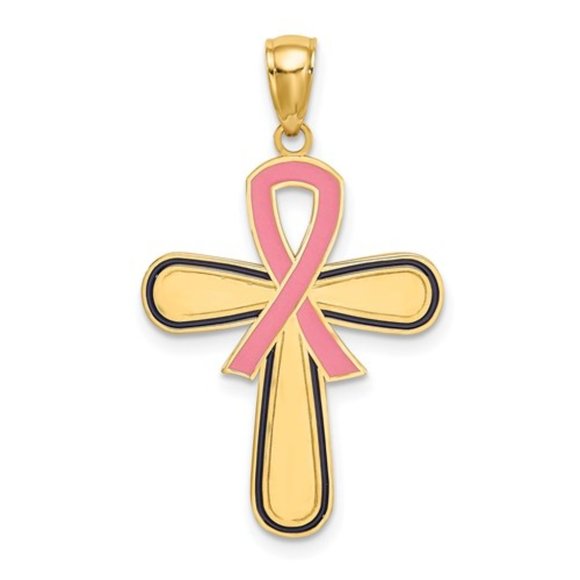 14k Gold Pink Ribbon Cross Pendant